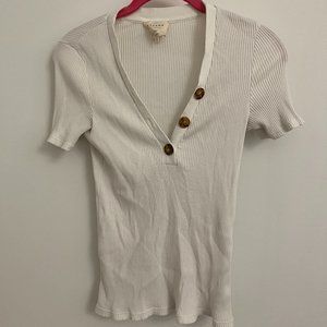 Sezane White T-Shirt Ribbed V-Neck with Buttons (size small)